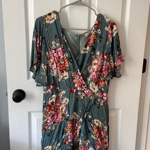 Green floral long high low dress